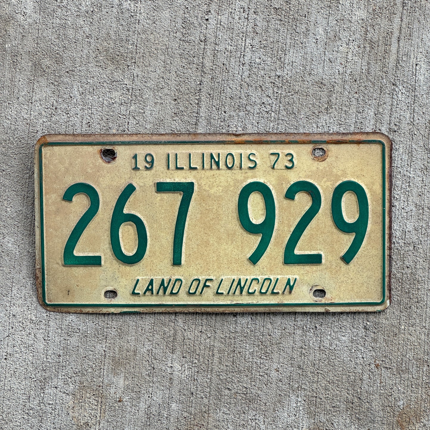 Photo of a 1973 Illinois License Plate Auto Tag 2 Vintage Garage 267 929 with original patina