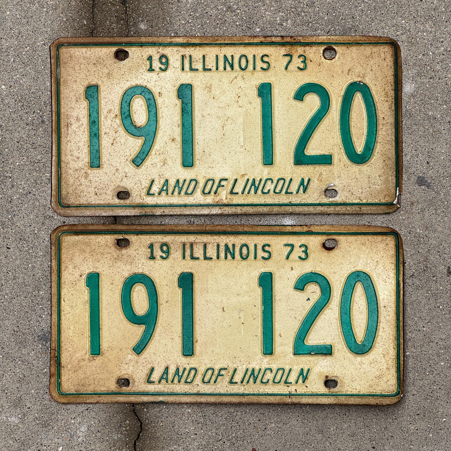 Photo of a 1973 Illinois License Plate Pair Auto Tag Garage Decor Vintage 191 120 with original patina