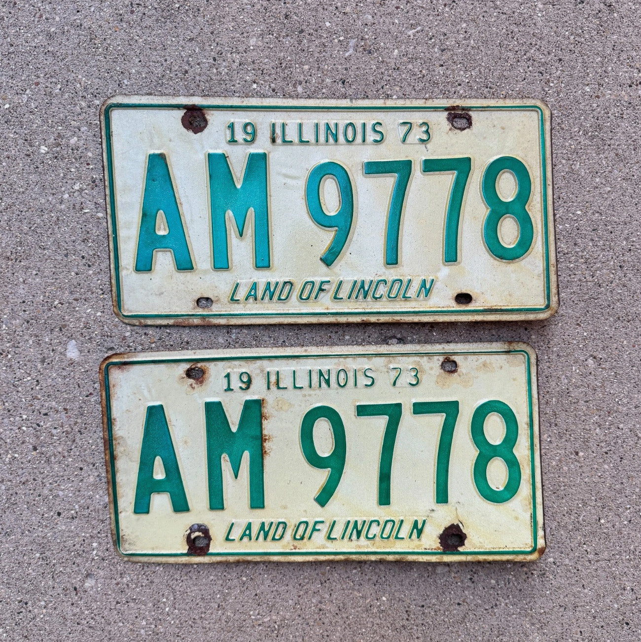 Photo of a 1973 Illinois License Plate Pair Auto Tag Garage Decor Vintage YOM AM 9778