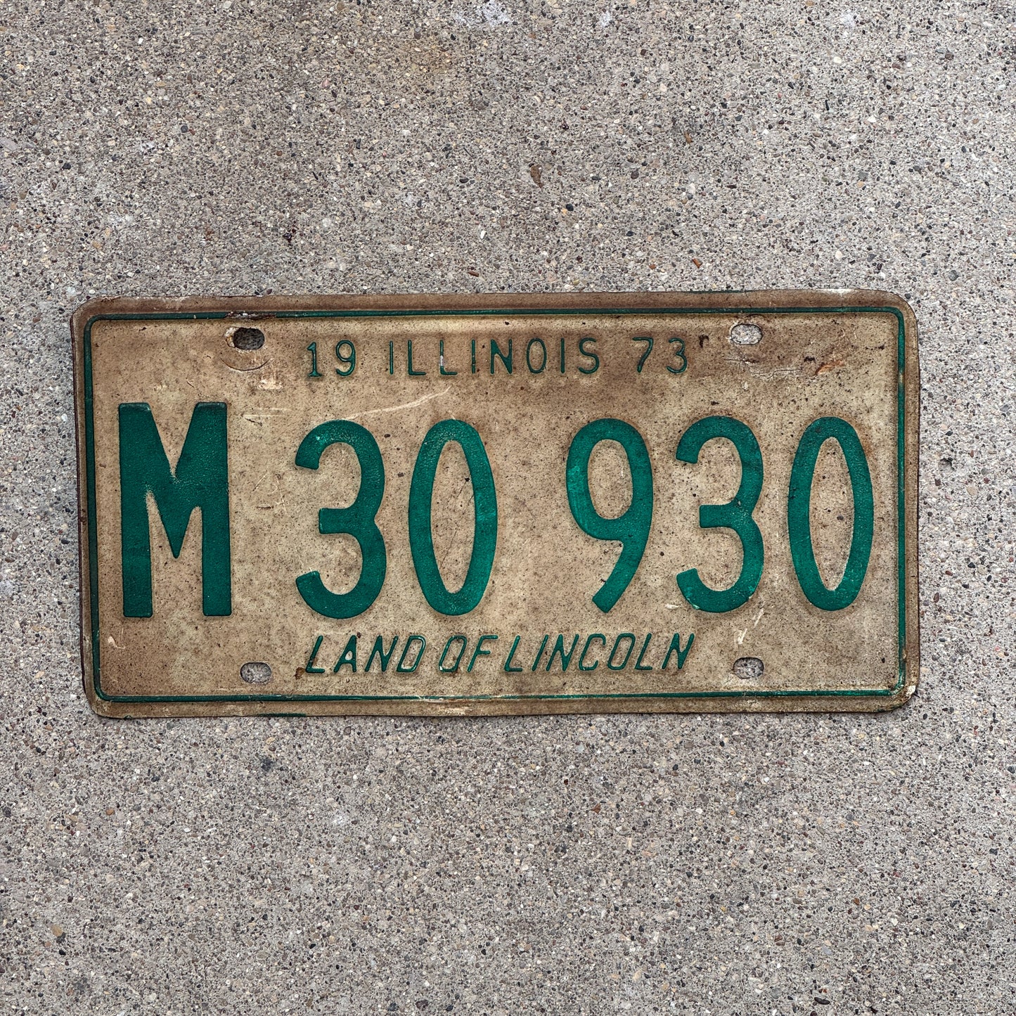 Photo of a 1973 Illinois Municipal License Plate Auto Tag 1 Vintage Garage M 30 930 with original patina
