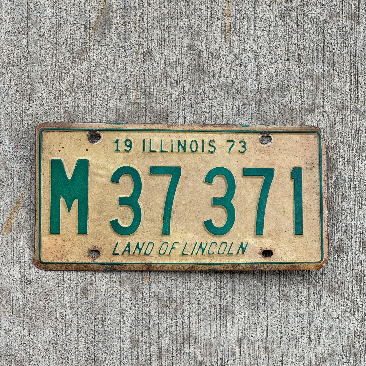 Photo of a 1973 Illinois Municipal License Plate Auto Tag 1 Vintage Garage M 37 371 with original patina