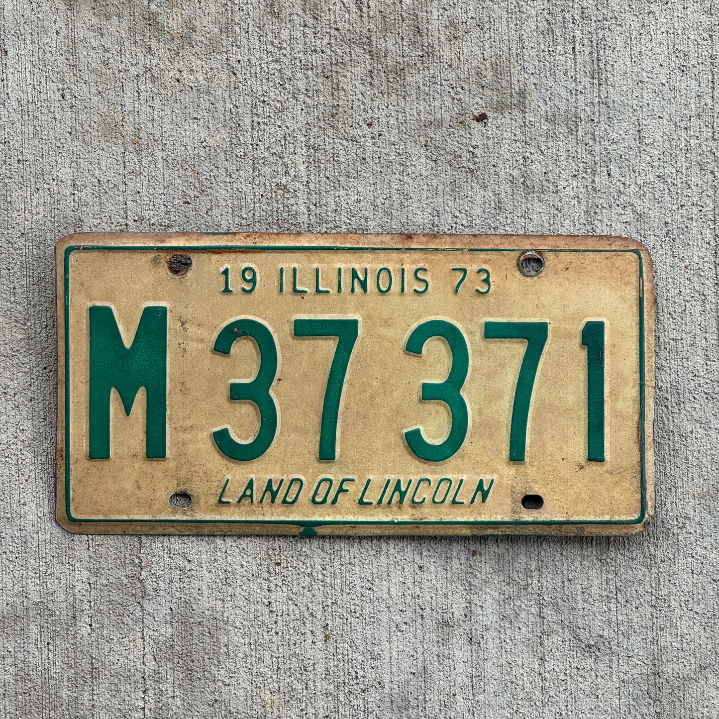 Photo of a 1973 Illinois Municipal License Plate Auto Tag 2 Vintage Garage M 37 371 with original patina