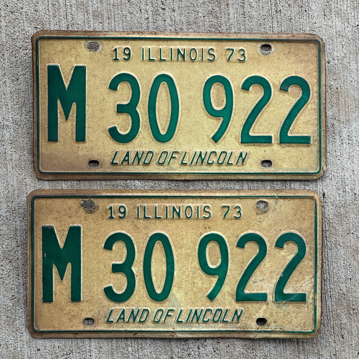 Photo of a 1973 Illinois Municipal License Plate Pair Auto Tag Garage Decor Vintage M 30 922 with original patina