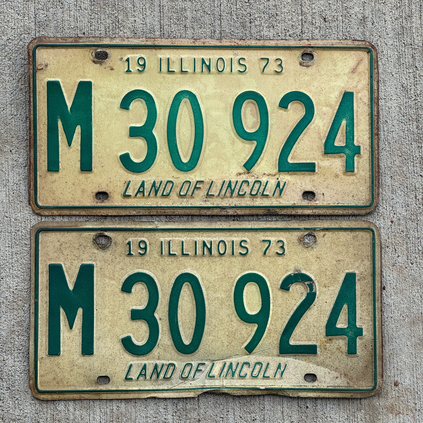 Photo of a 1973 Illinois Municipal License Plate Pair Auto Tag Garage Decor Vintage M 30 924 with original patina