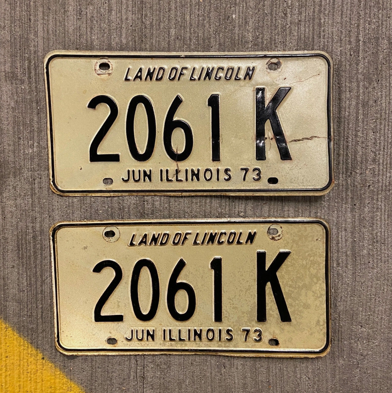 Photo of a 1973 Illinois Truck License Plate Pair Auto Tag Garage Decor Vintage 2061 K with original patina