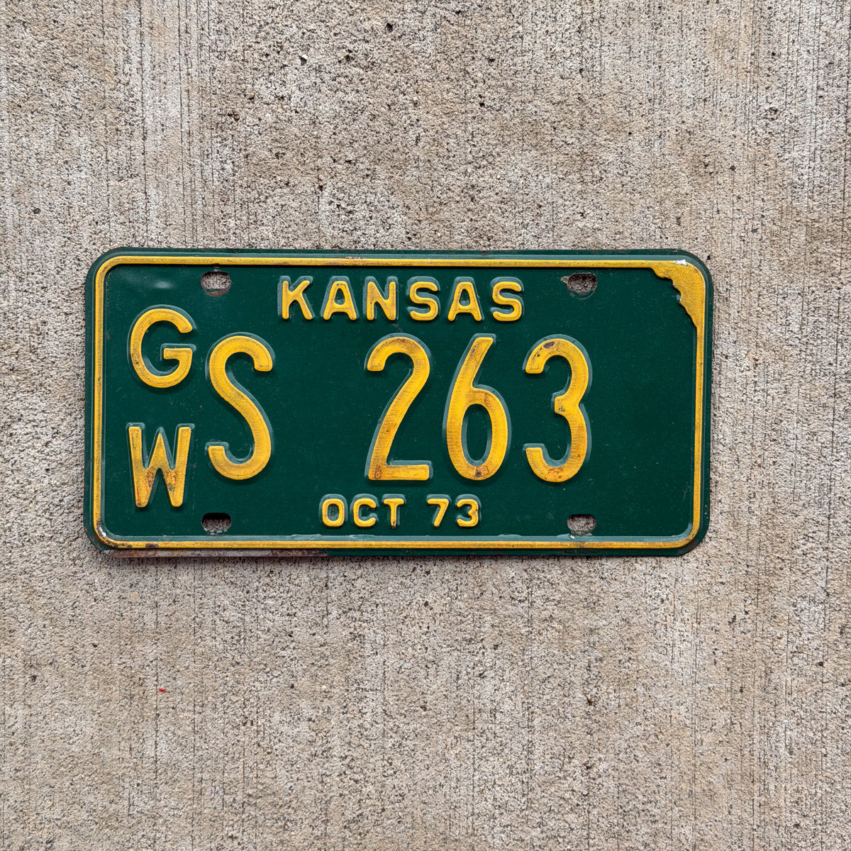 Photo of a 1973 Kansas License Plate Auto Tag Garage Decor Vintage GW S 263 with original patina