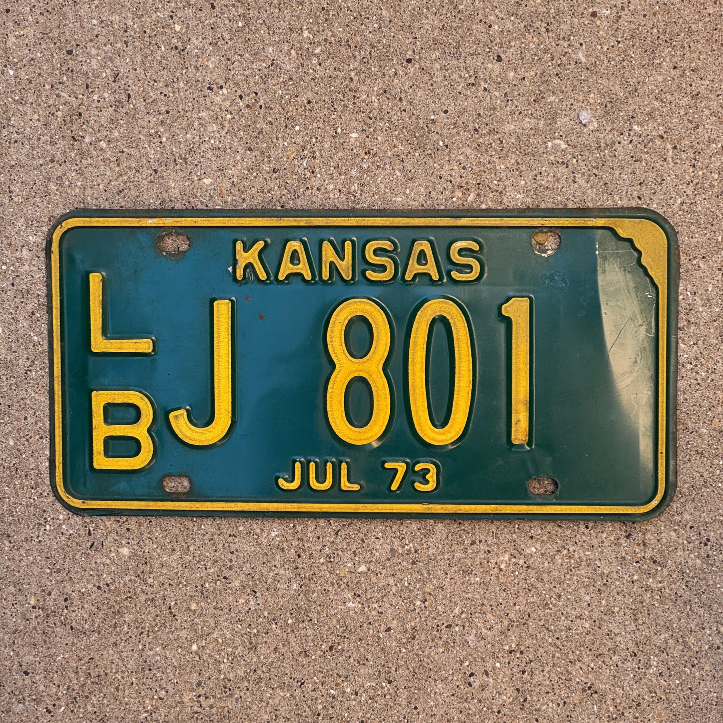 Photo of a 1973 Kansas License Plate Auto Tag Garage Decor Vintage LB J 801 with original patina