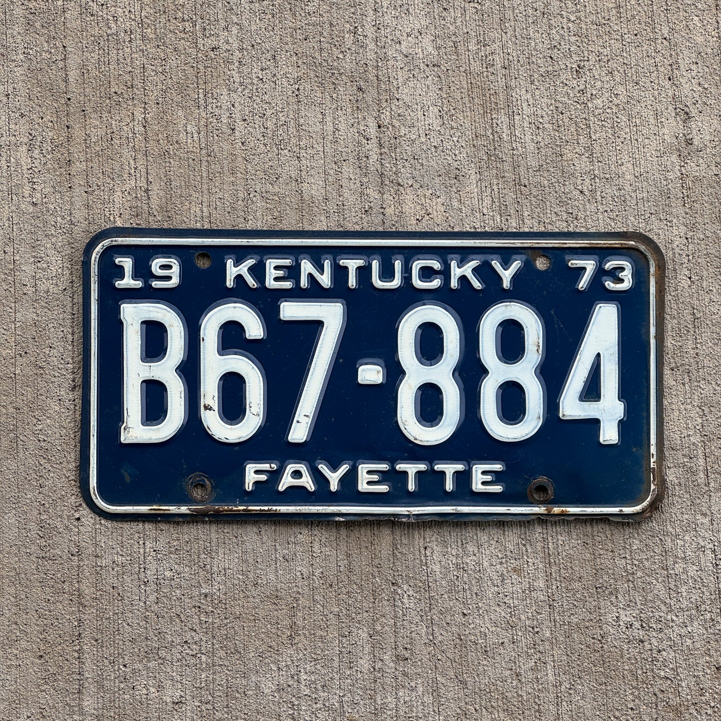 Photo of a 1973 Kentucky License Plate Auto Tag Garage Decor Vintage B 67 884 with original patina