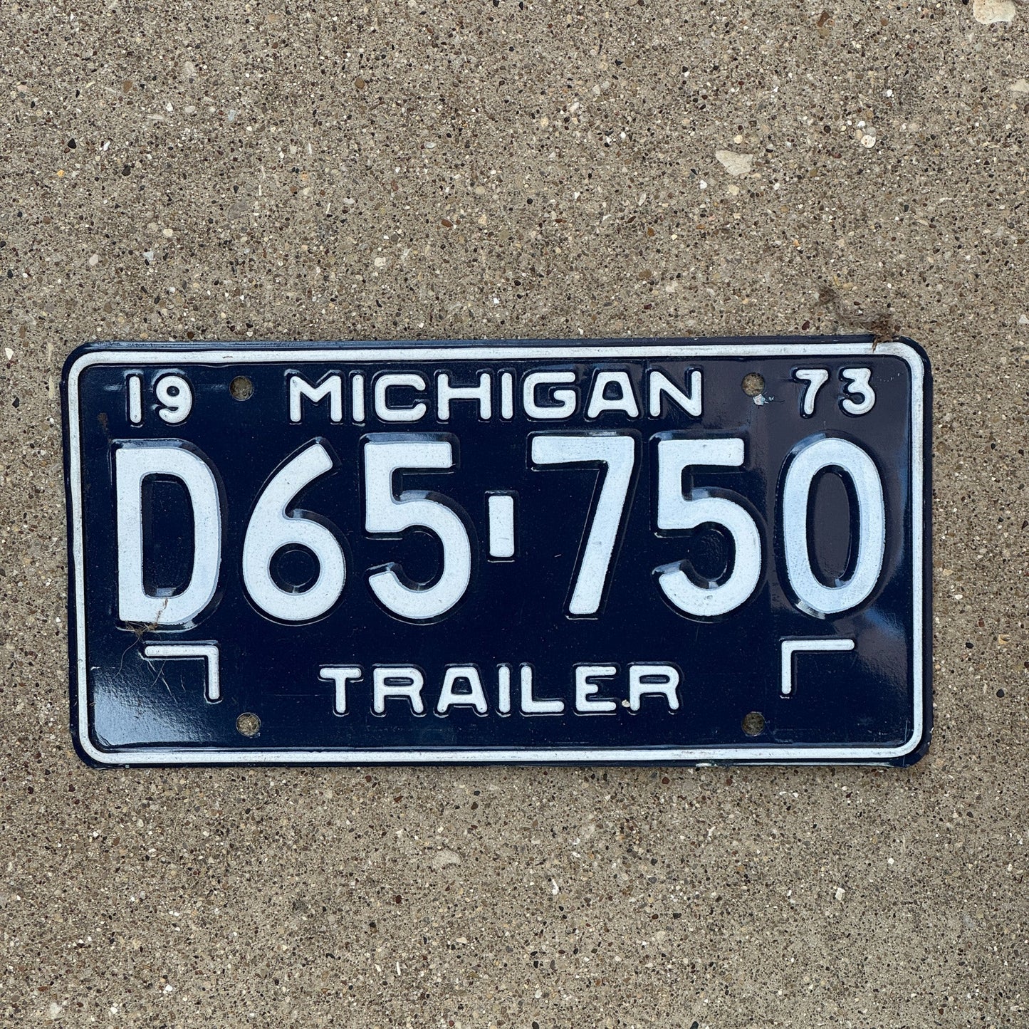 Photo of a 1973 Michigan Trailer License Plate Auto Tag Garage Decor Vintage D 65 750
