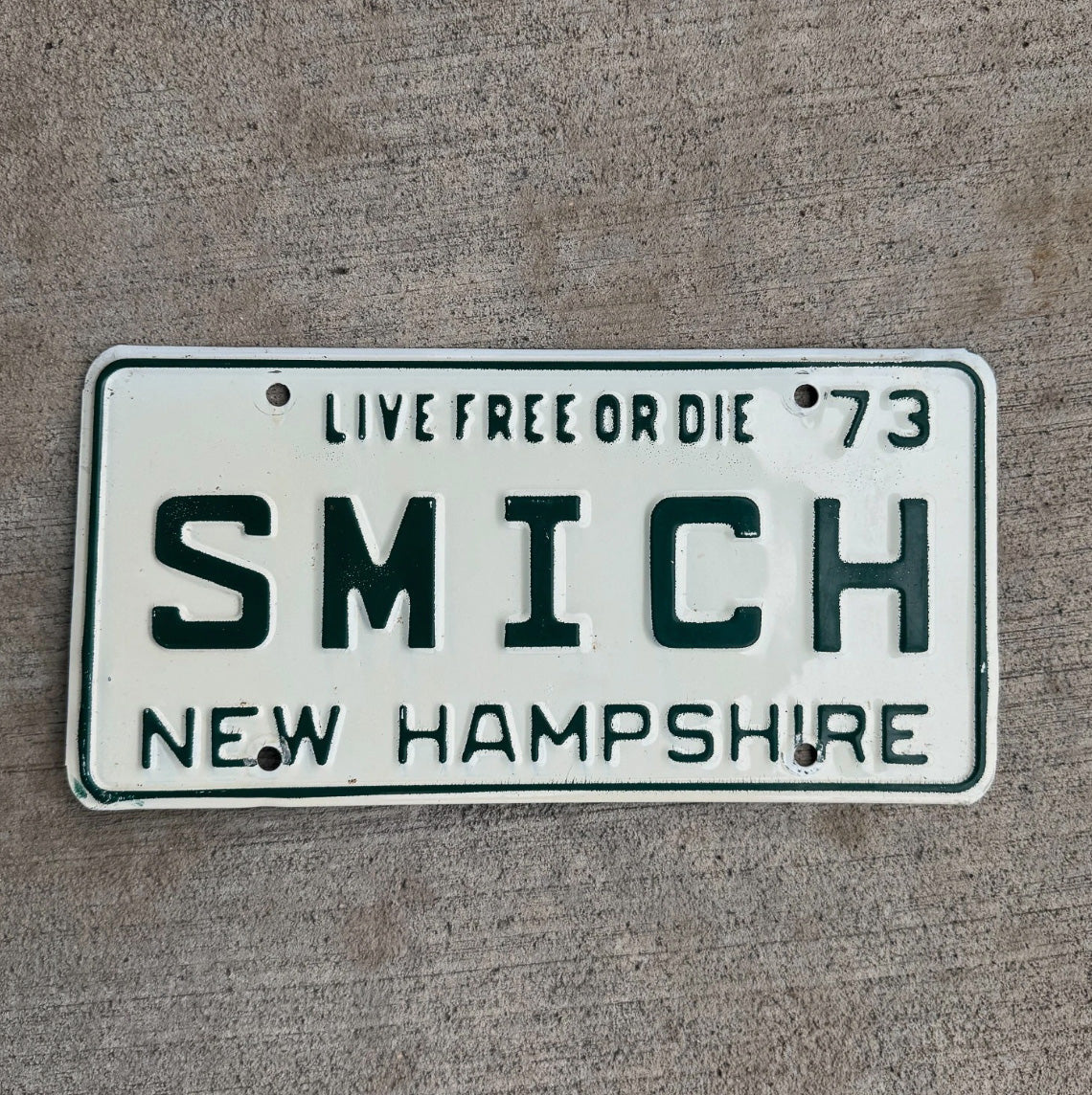 Photo of a 1973 New Hampshire Vanity License Plate Auto Tag 1 Southern Michigan SMICH