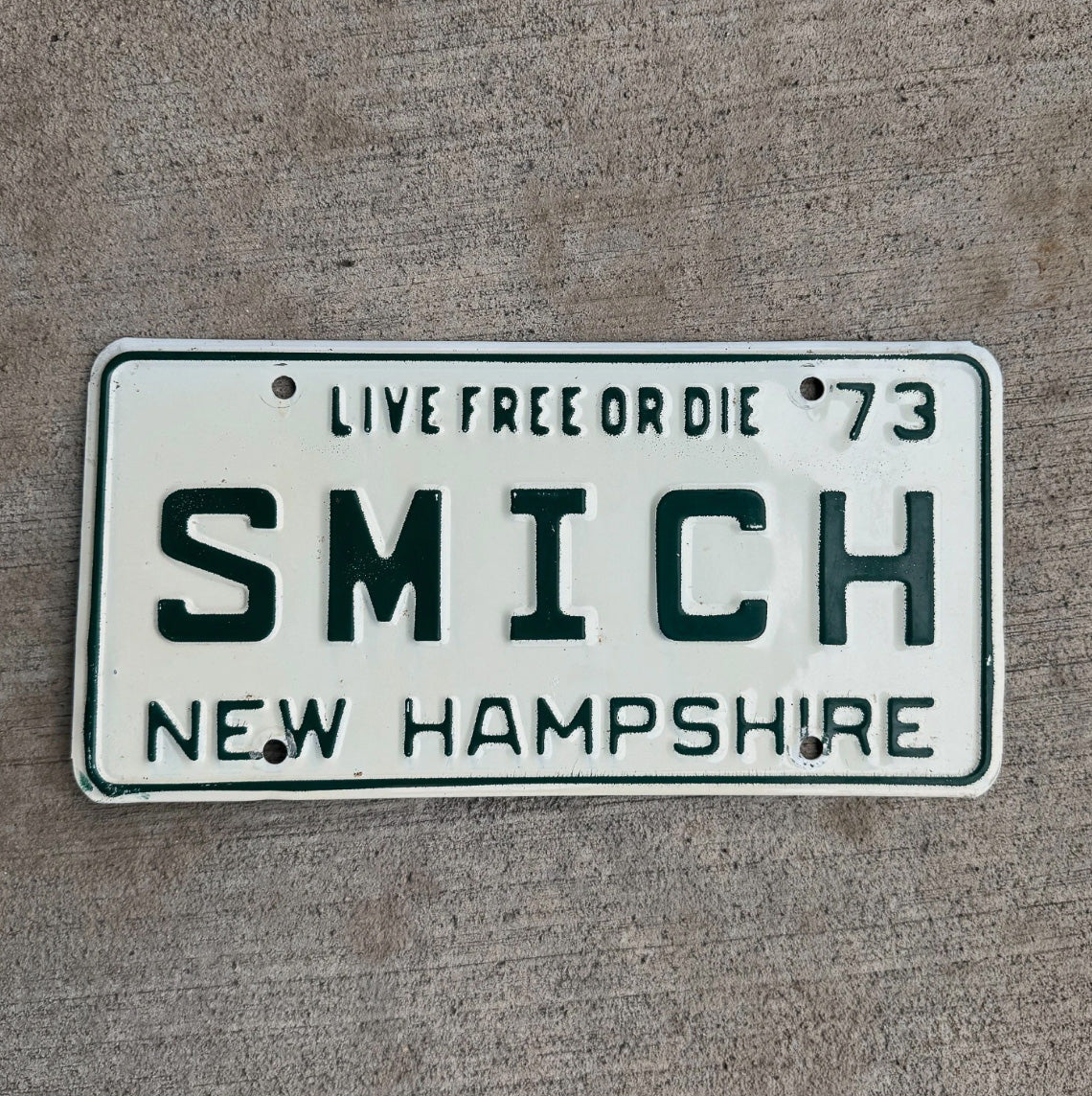Photo of a 1973 New Hampshire Vanity License Plate Auto Tag 2 Southern Michigan SMICH