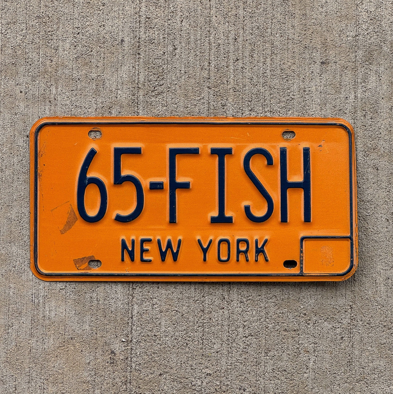 Photo of a 1973 New York Vanity License Plate Auto Tag 2 Vintage Garage Fishing Fisherman Vintage Dad Gift 65 FISH with original patina