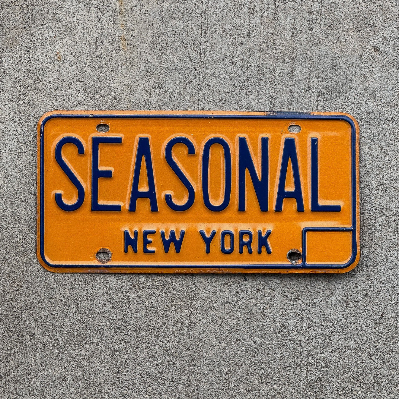 Photo of a 1973 New York Vanity License Plate Auto Tag Garage Decor Vintage Seasons Fall Spring Summer Winter SEASONAL with original patina