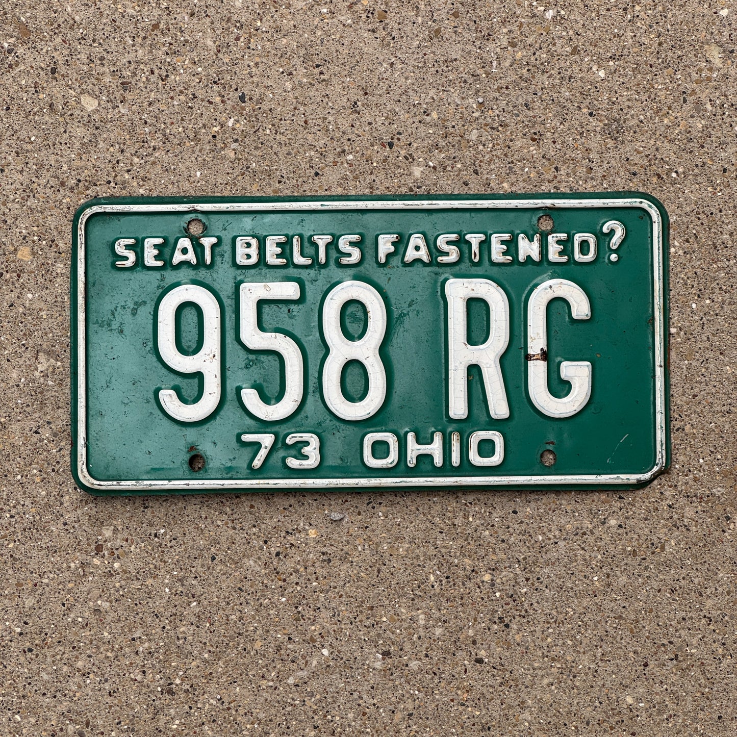 Photo of a 1973 Ohio License Plate Auto Tag Garage Decor Vintage 958 RG with original patina
