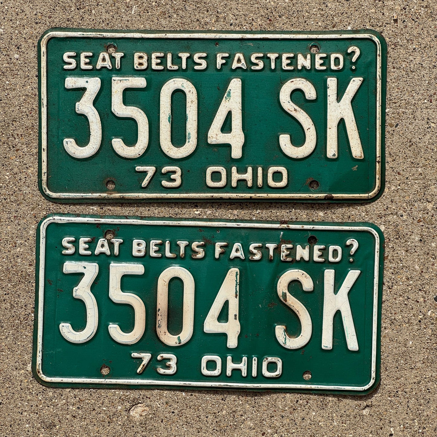 Photo of a 1973 Ohio License Plate Pair Auto Tag Garage Decor Vintage 3504 SK