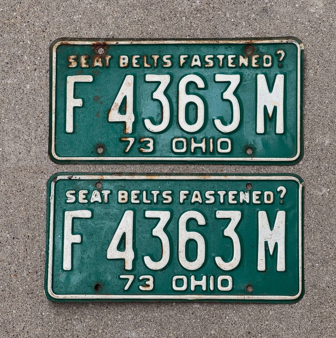 Photo of a 1973 Ohio License Plate Pair Auto Tag Garage Decor Vintage F 4363 M