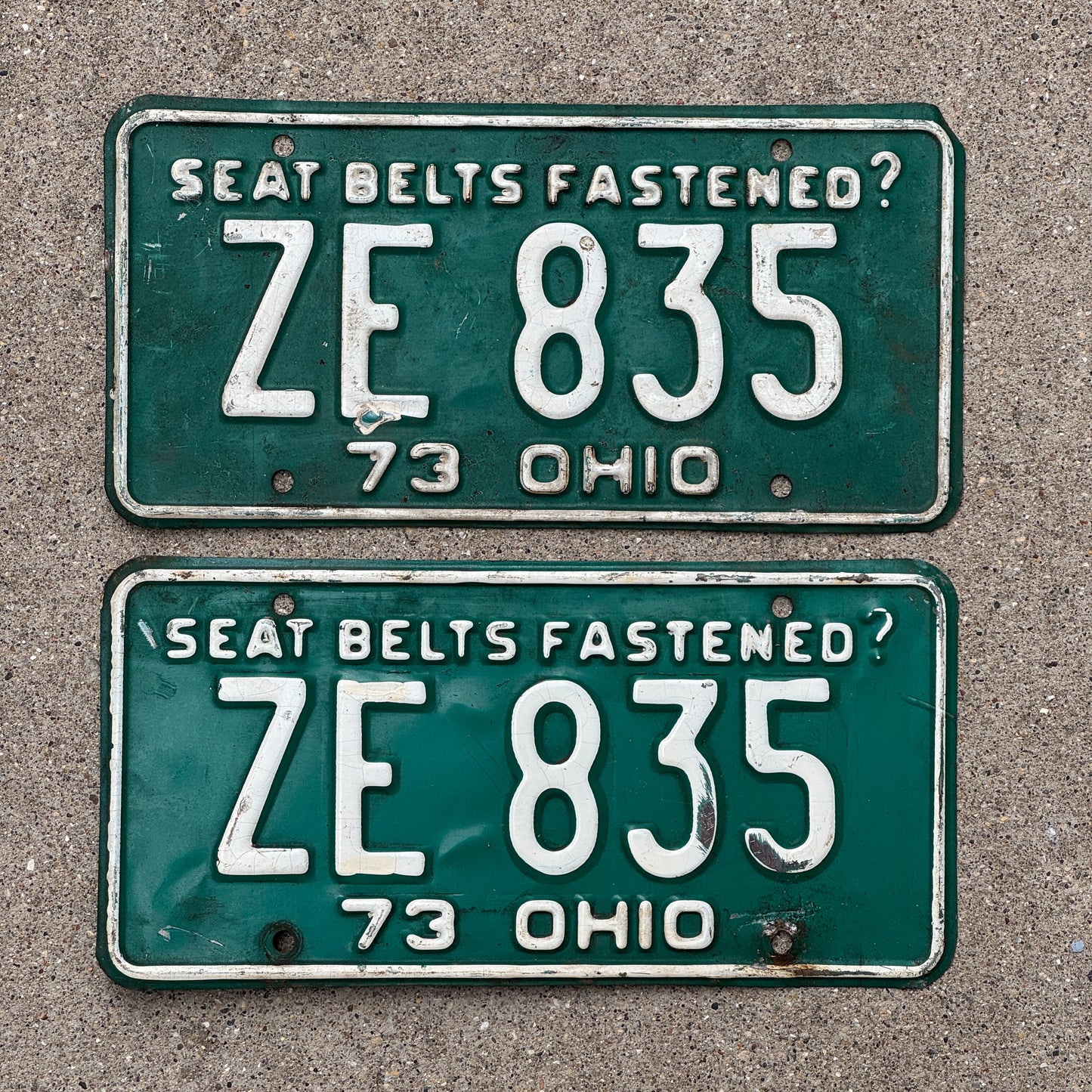 Photo of a 1973 Ohio License Plate Pair Auto Tag Garage Decor Vintage ZE 835 with original patina
