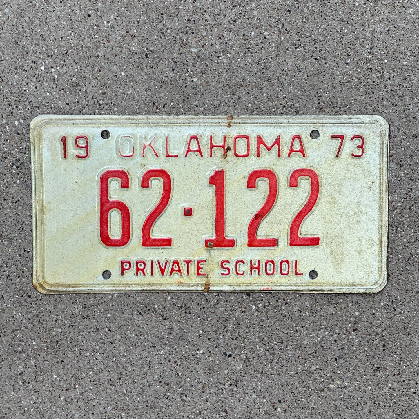 Photo of a 1973 Oklahoma Private School License Plate Auto Tag Garage Decor Vintage 62 122