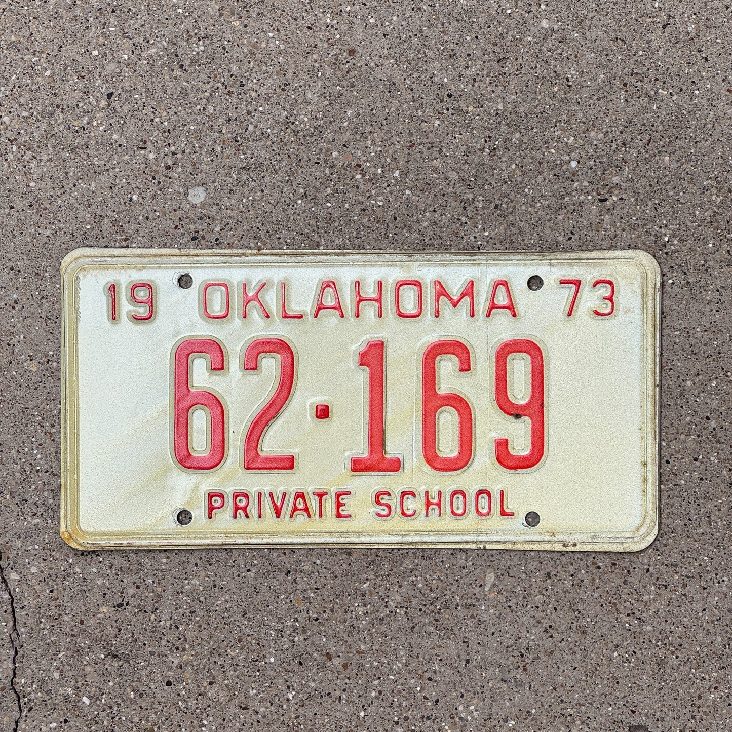 Photo of a 1973 Oklahoma Private School License Plate Auto Tag Garage Decor Vintage 62 169