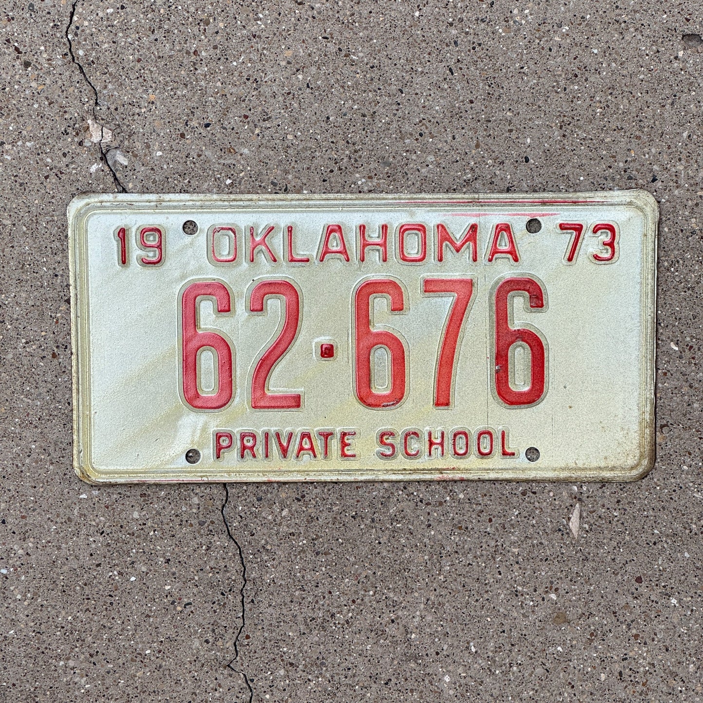 Photo of a 1973 Oklahoma Private School License Plate Auto Tag Garage Decor Vintage 62 676