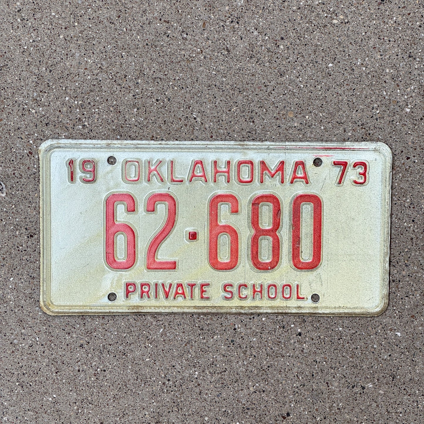 Photo of a 1973 Oklahoma Private School License Plate Auto Tag Garage Decor Vintage 62 680