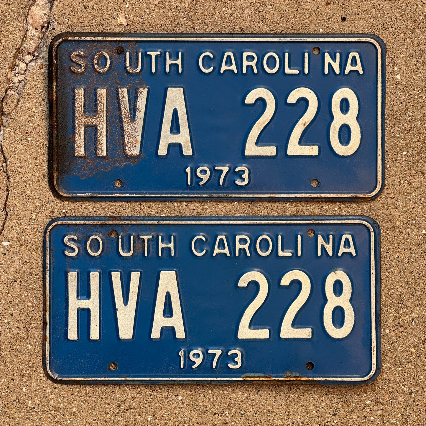 Photo of a 1973 South Carolina License Plate Pair Auto Tag Garage Decor Vintage HVA 228