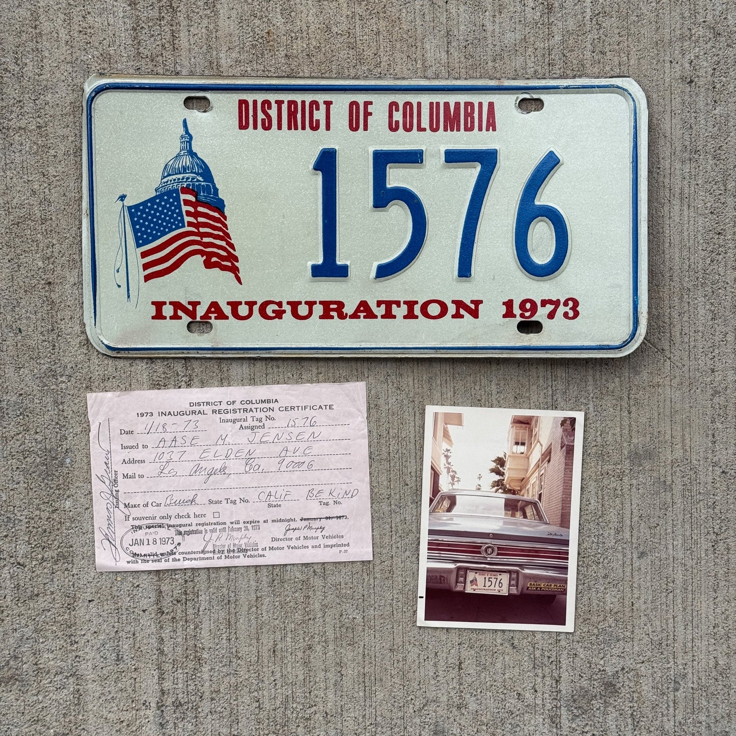 Photo of a 1973 Washington DC License Plate Auto Tag Garage Decor Vintage Nixon Inauguration With Registration and Photo on Car 1576