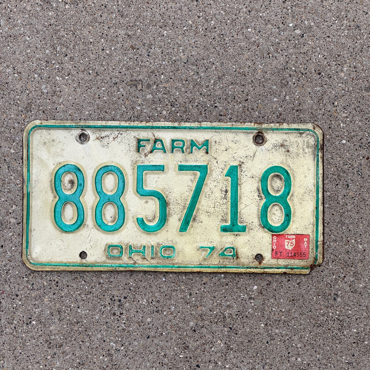 Photo of a 1974 1975 Ohio Farm License Plate Auto Tag Garage Decor Vintage 885718 with original patina