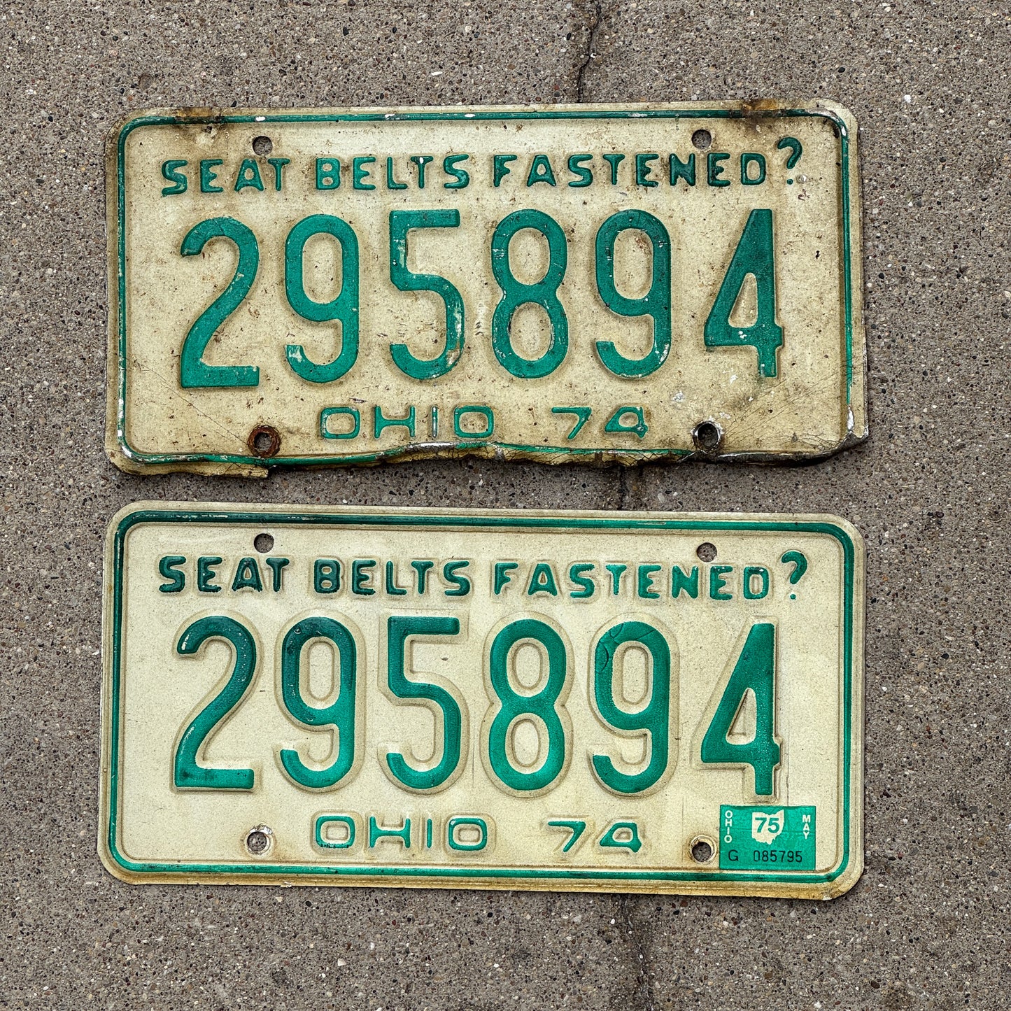Photo of a 1974 1975 Ohio License Plate Pair Auto Tag Garage Decor Vintage 295 894 with original patina