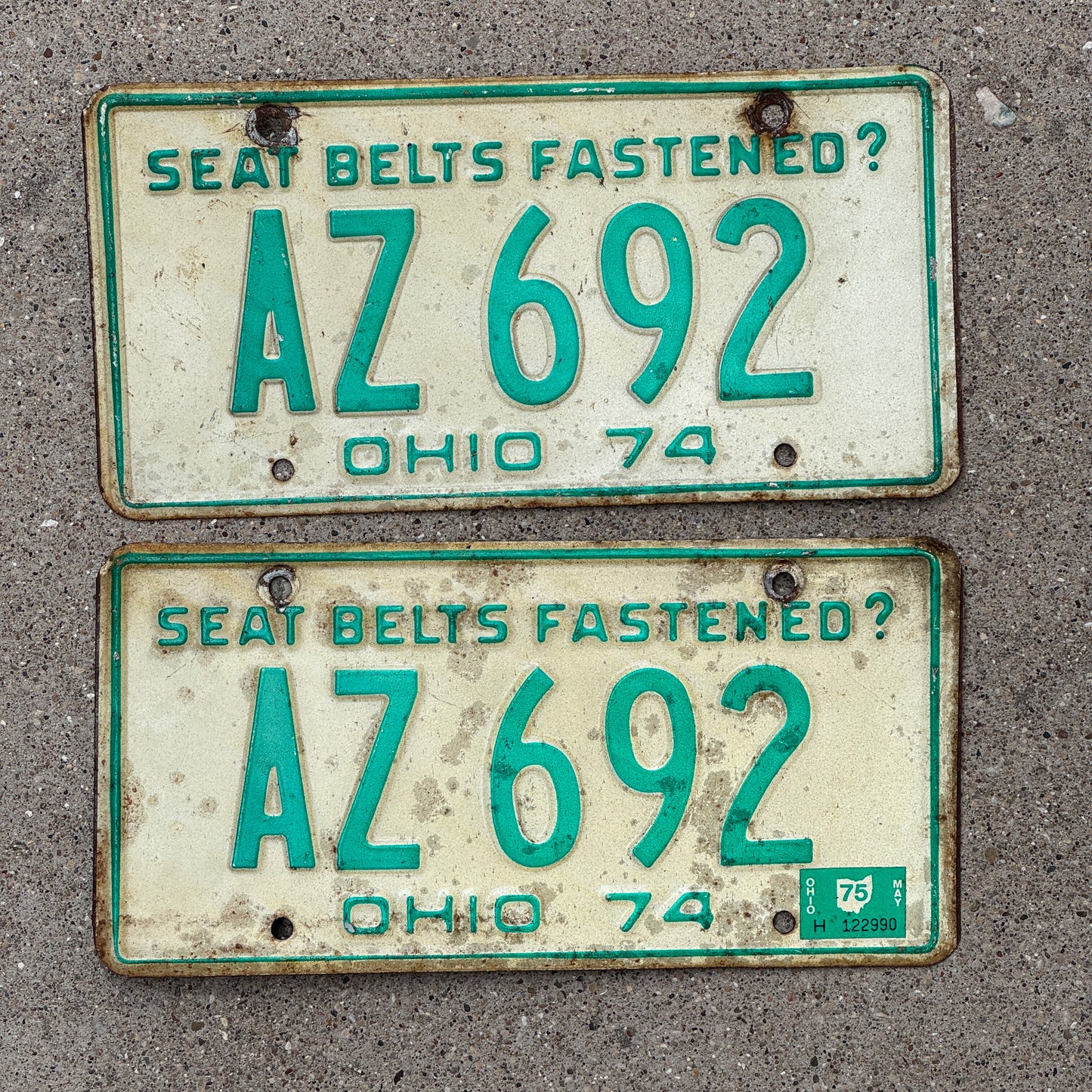 Photo of a 1974 1975 Ohio License Plate Pair Auto Tag Garage Decor Vintage AZ 692 with original patina