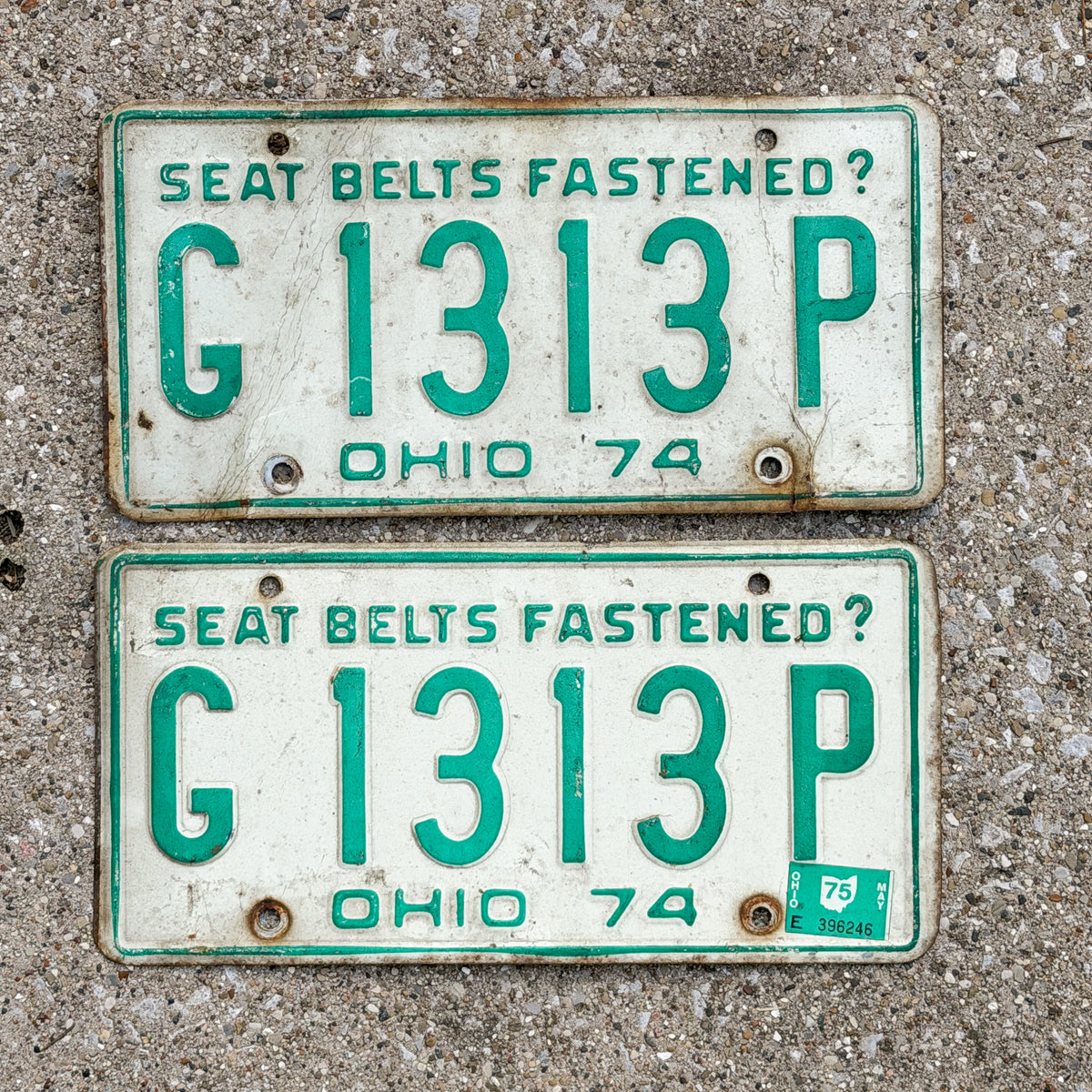 Photo of a 1974 1975 Ohio License Plate Pair Auto Tag Garage Decor Vintage Lucky 13 G 1313 P with original patina