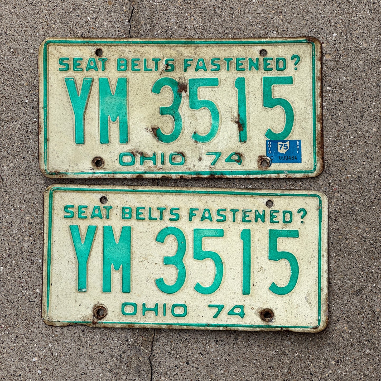Photo of a 1974 1975 Ohio License Plate Pair Auto Tag Garage Decor Vintage YM 3515 with original patina