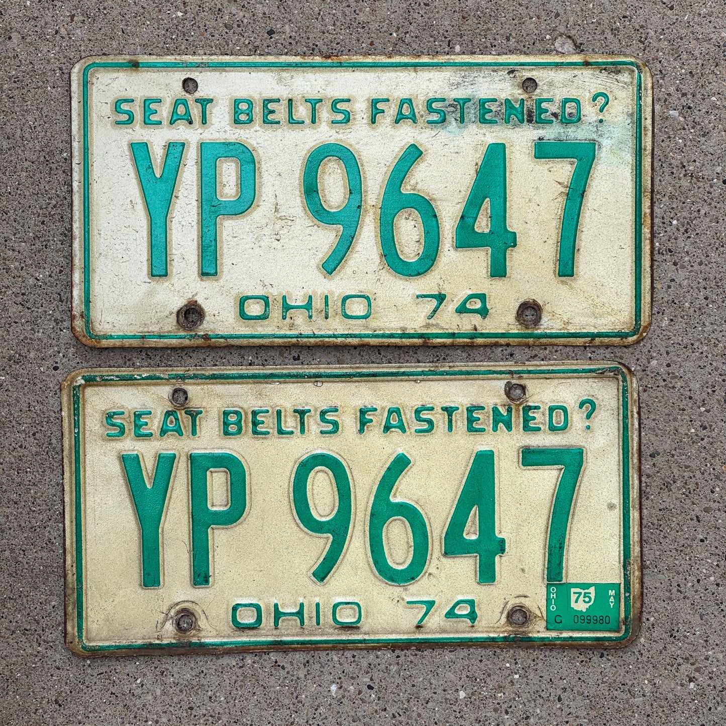 Photo of a 1974 1975 Ohio License Plate Pair Auto Tag Garage Decor Vintage YP 9647 with original patina