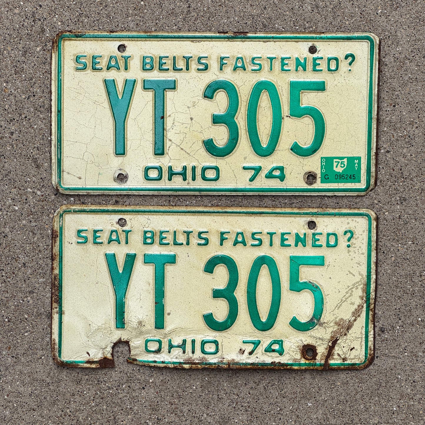 Photo of a 1974 1975 Ohio License Plate Pair Auto Tag Garage Decor Vintage YT 305 with original patina