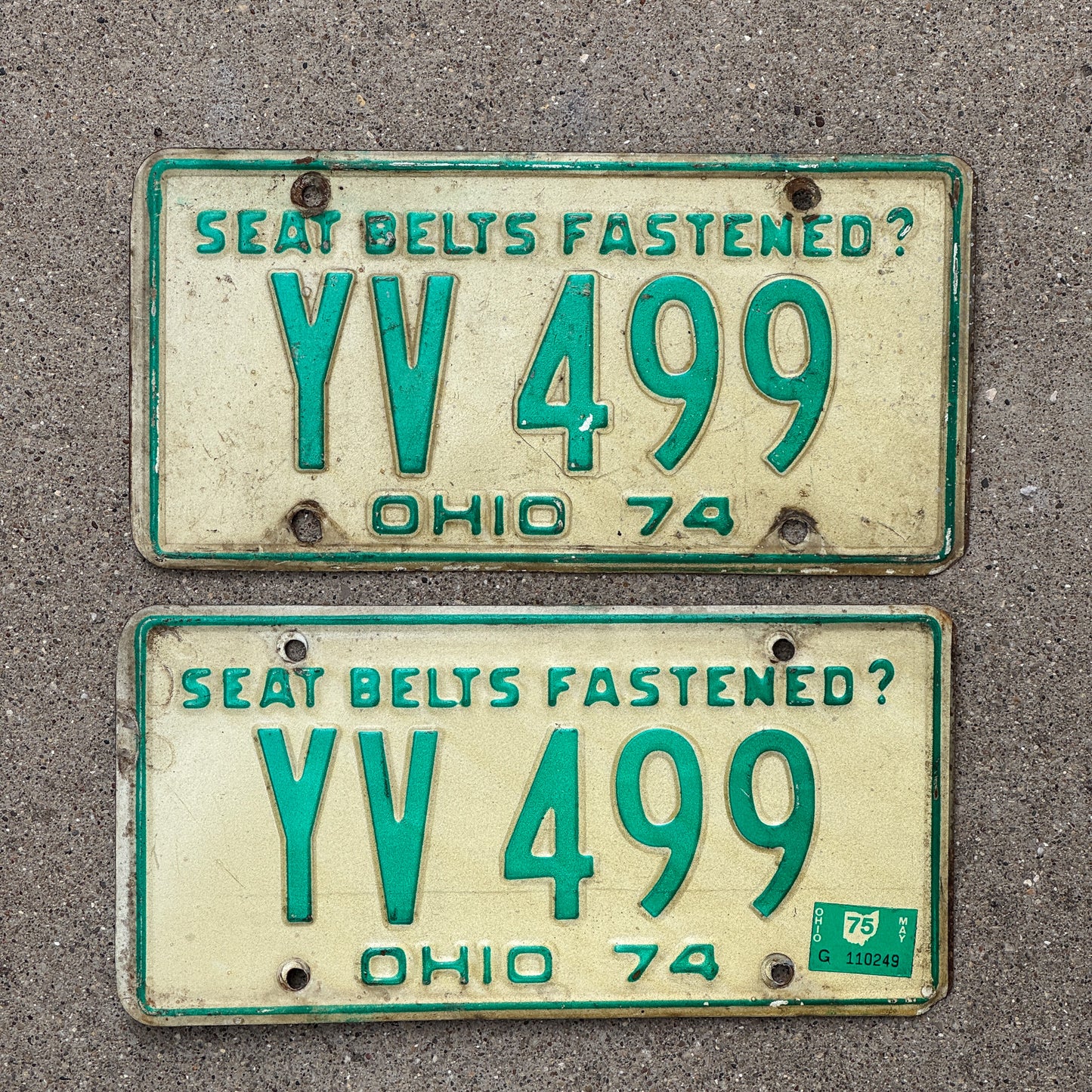 Photo of a 1974 1975 Ohio License Plate Pair Auto Tag Garage Decor Vintage YV 499 with original patina