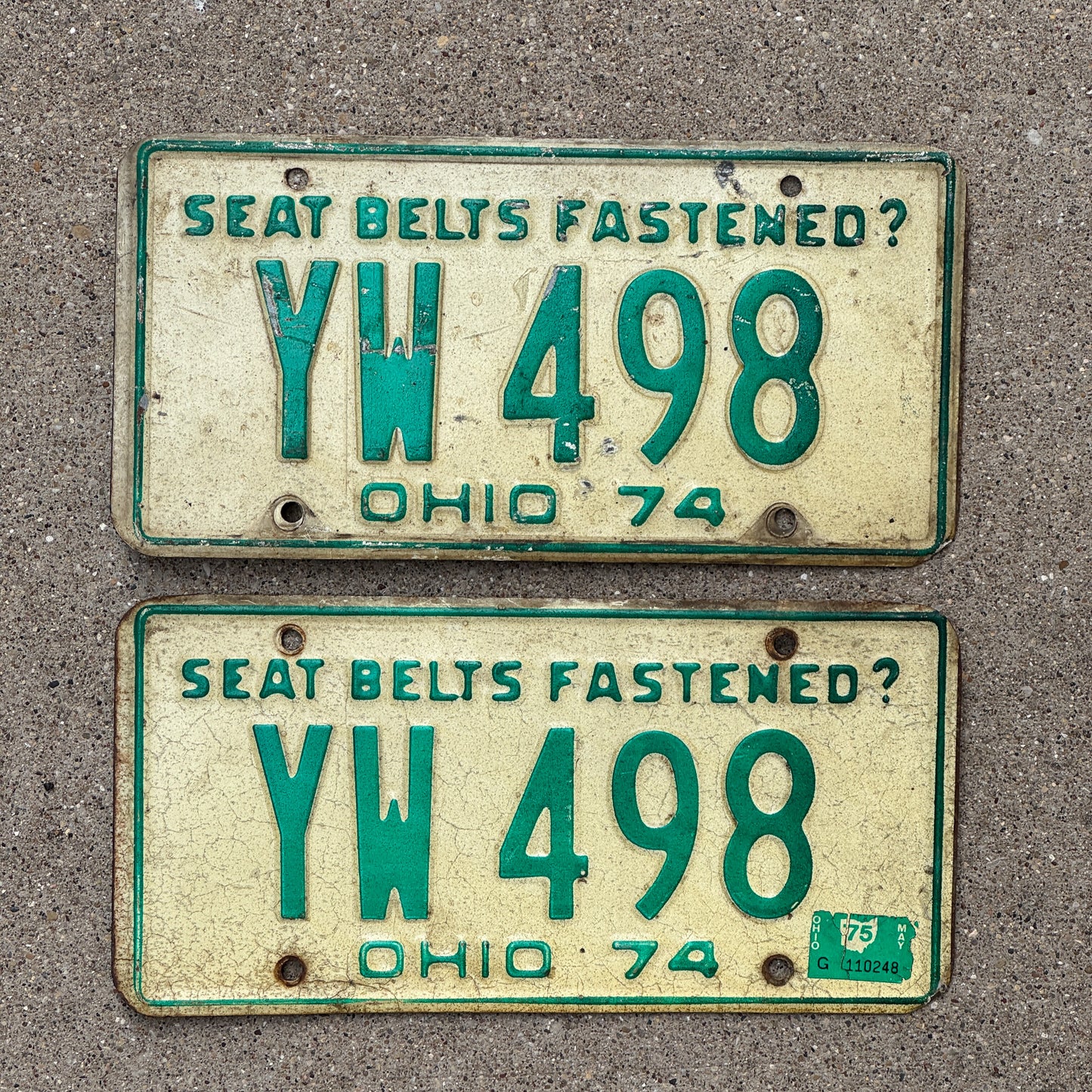 Photo of a 1974 1975 Ohio License Plate Pair Auto Tag Garage Decor Vintage YW 498 with original patina