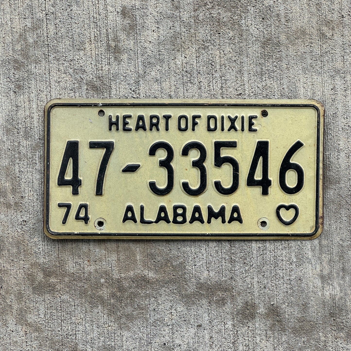 Photo of a 1974 Alabama License Plate Auto Tag Garage Decor Vintage Heart of Dixie 47 33546 with original patina