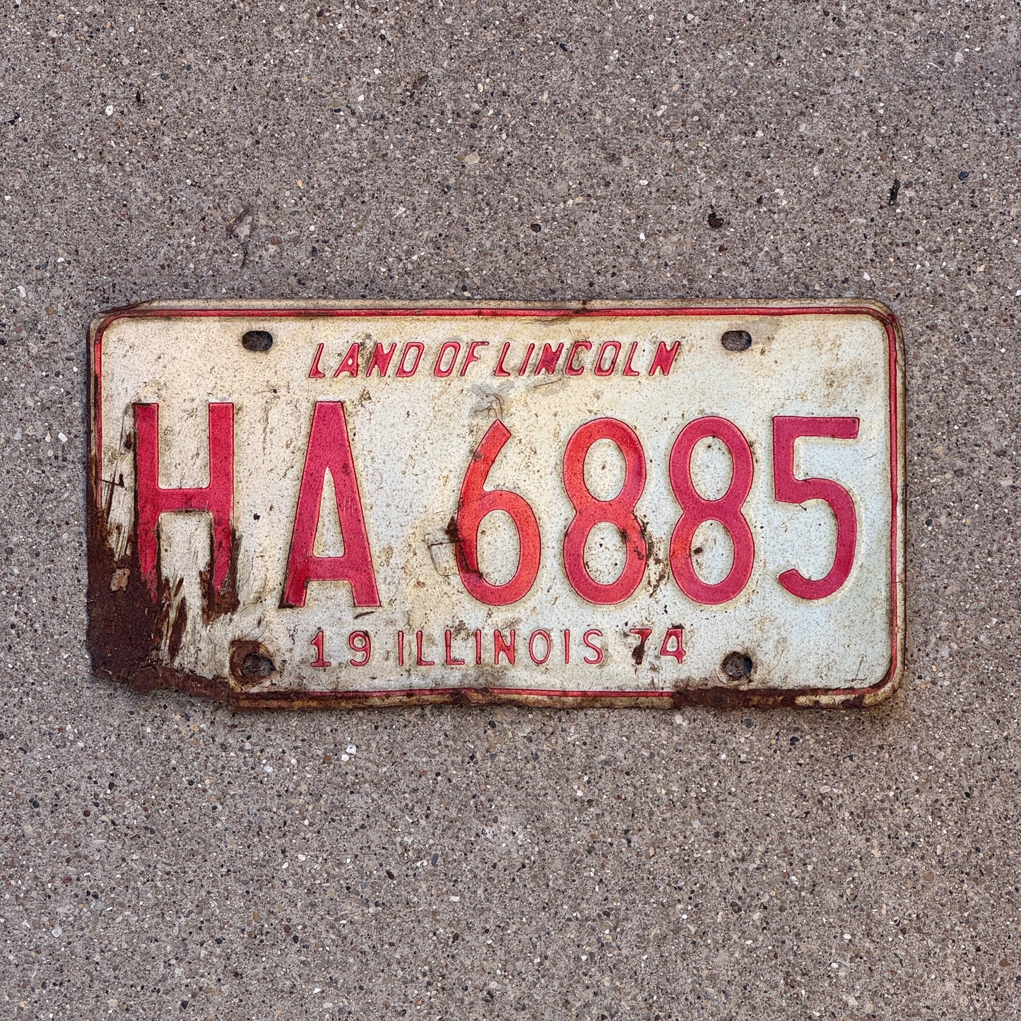 Photo of a 1974 Illinois License Plate Auto Tag 1 Vintage Garage HA 6885 with original patina