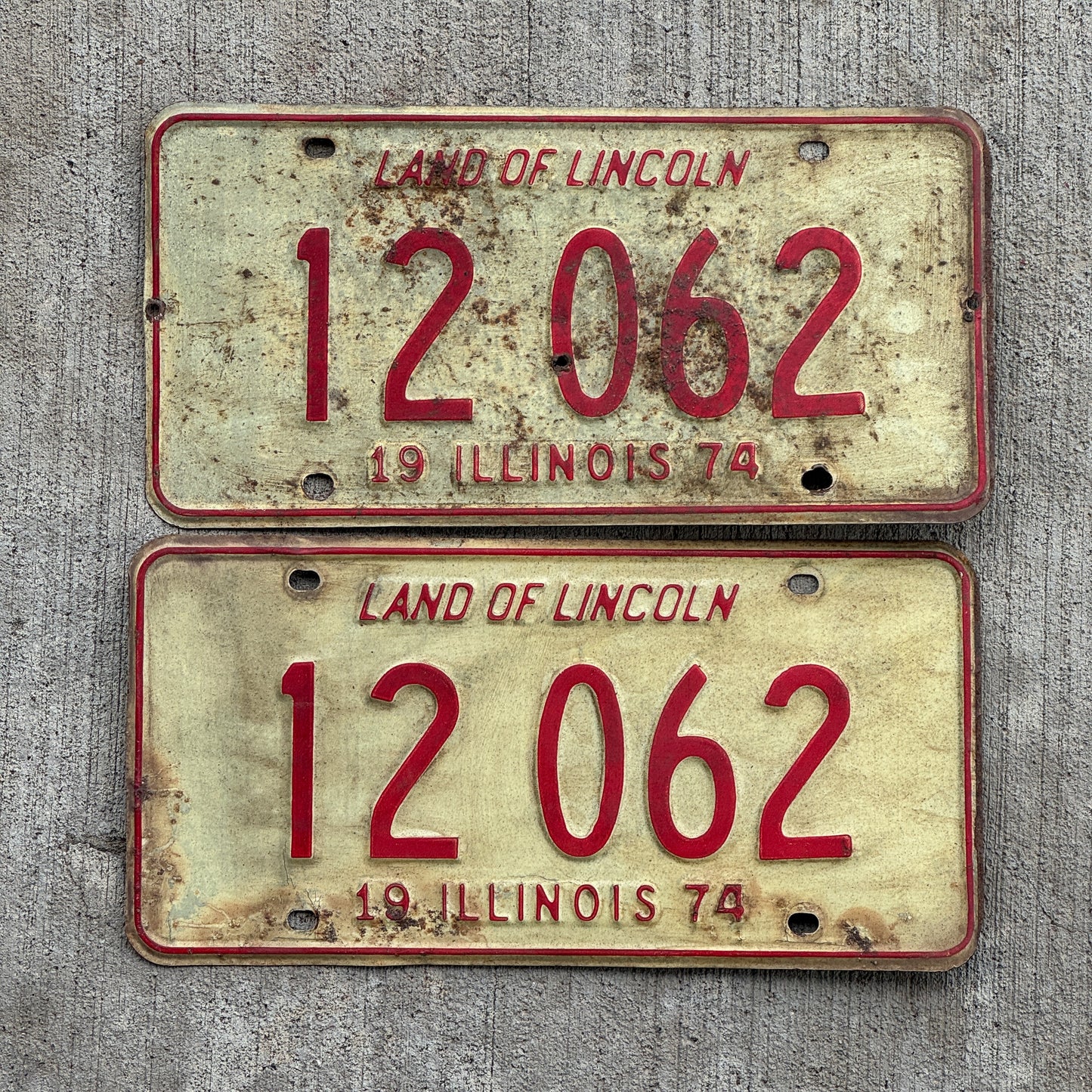 Photo of a 1974 Illinois License Plate Pair Auto Tag Garage Decor Vintage 12 062 with original patina