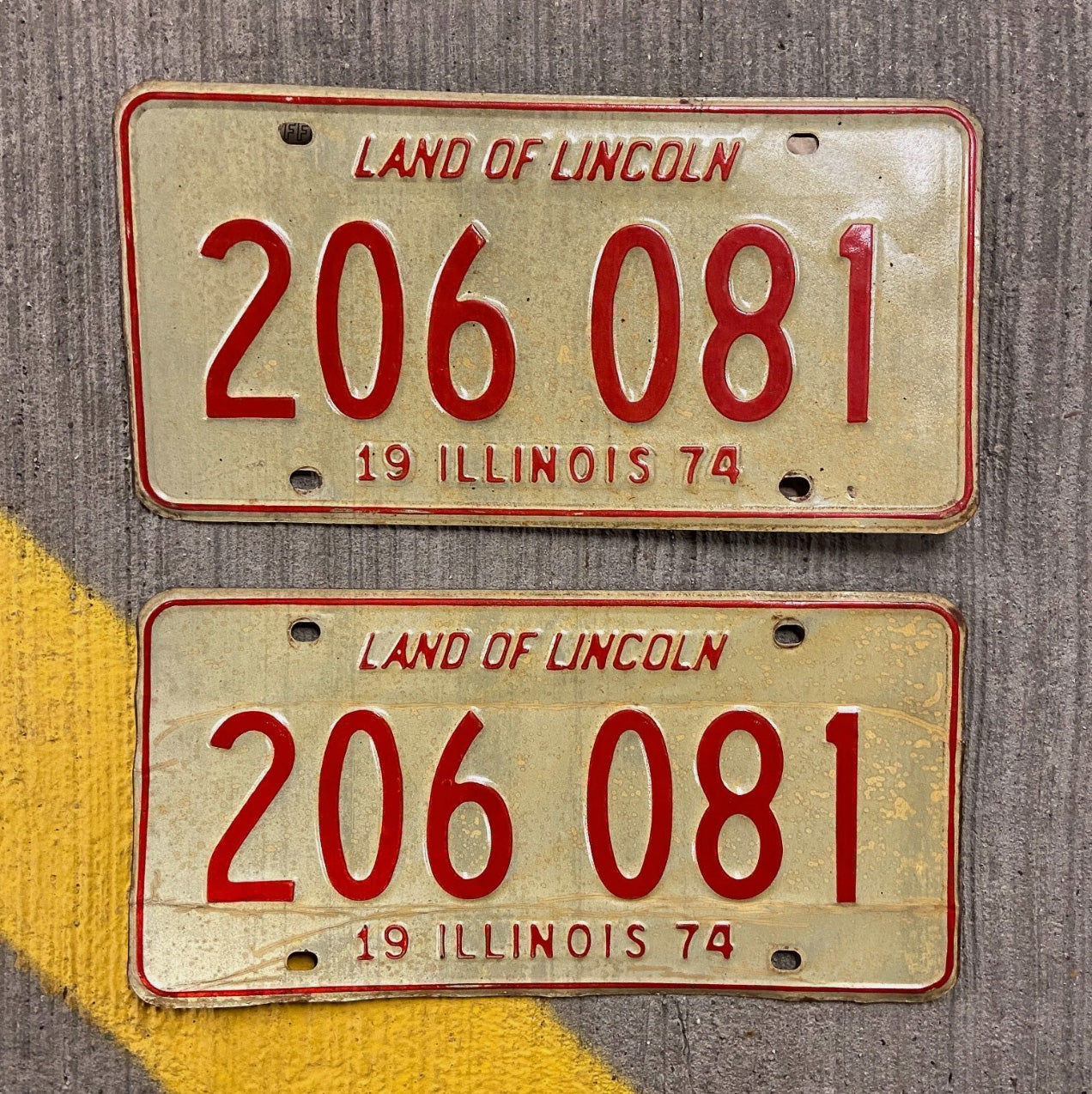 Photo of a 1974 Illinois License Plate Pair Auto Tag Garage Decor Vintage 206081 with original patina