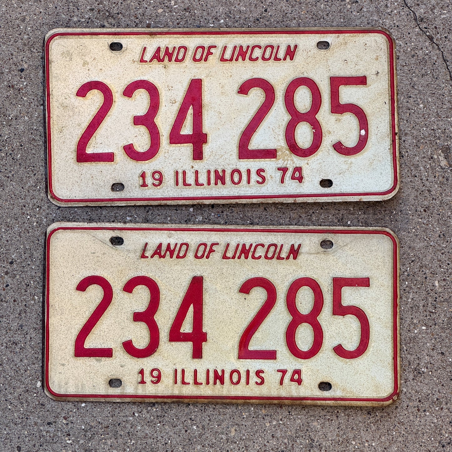 Photo of a 1974 Illinois License Plate Pair Auto Tag Garage Decor Vintage 234 285 with original patina