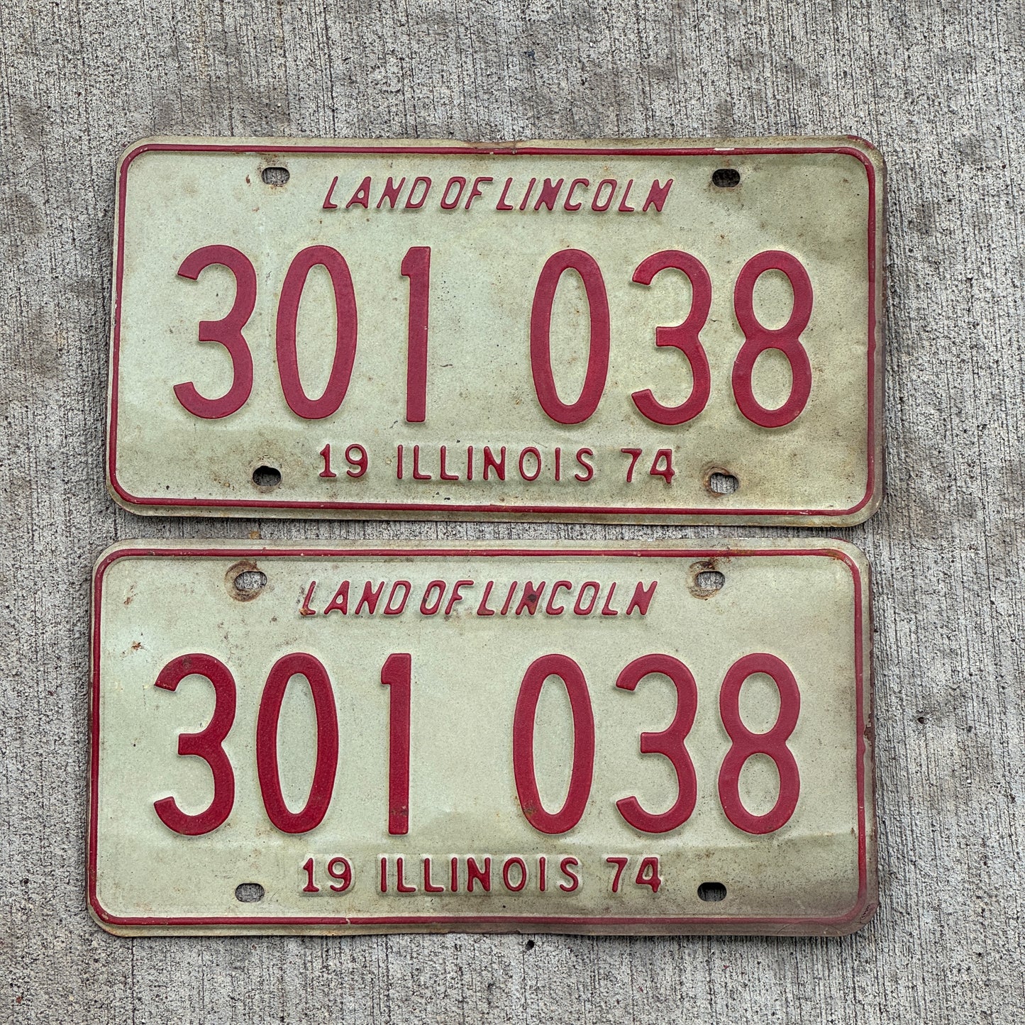 Photo of a 1974 Illinois License Plate Pair Auto Tag Garage Decor Vintage 301 038 with original patina