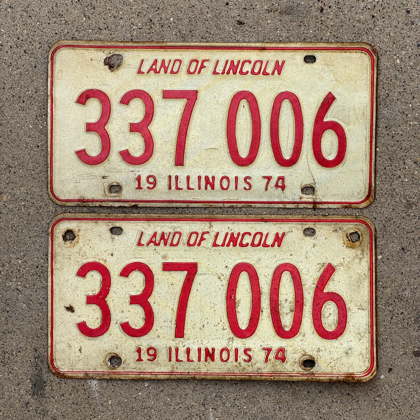 Photo of a 1974 Illinois License Plate Pair Auto Tag Garage Decor Vintage 337 006 with original patina