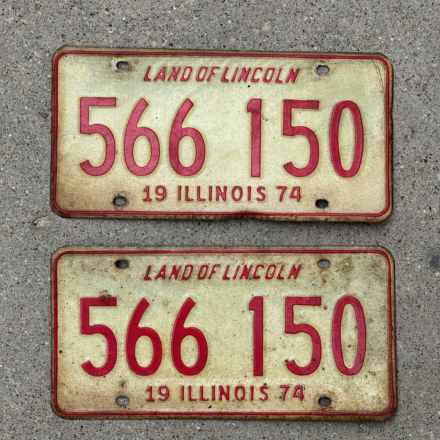 Photo of a 1974 Illinois License Plate Pair Auto Tag Garage Decor Vintage 566 150 with original patina