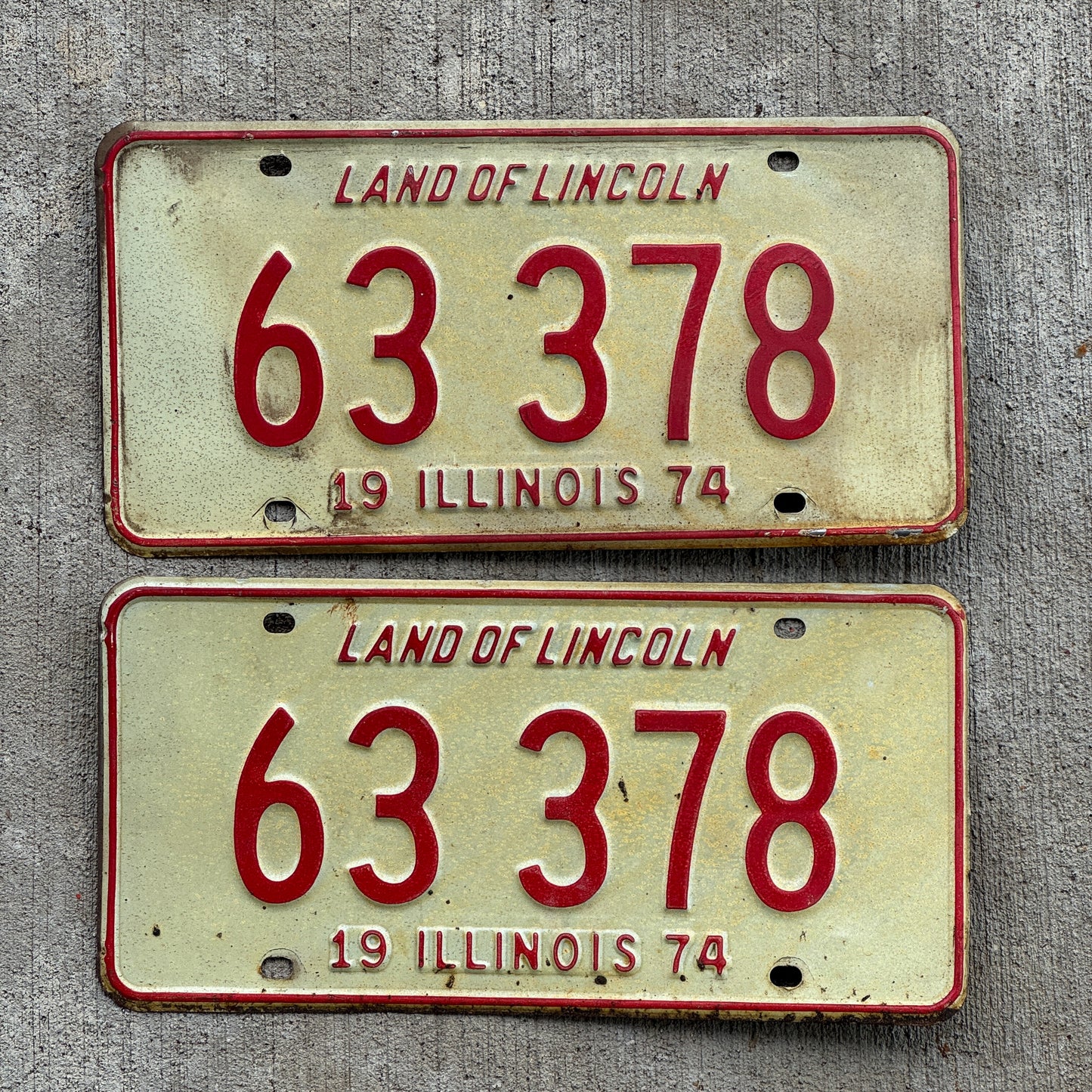 Photo of a 1974 Illinois License Plate Pair Auto Tag Garage Decor Vintage 63 378 with original patina
