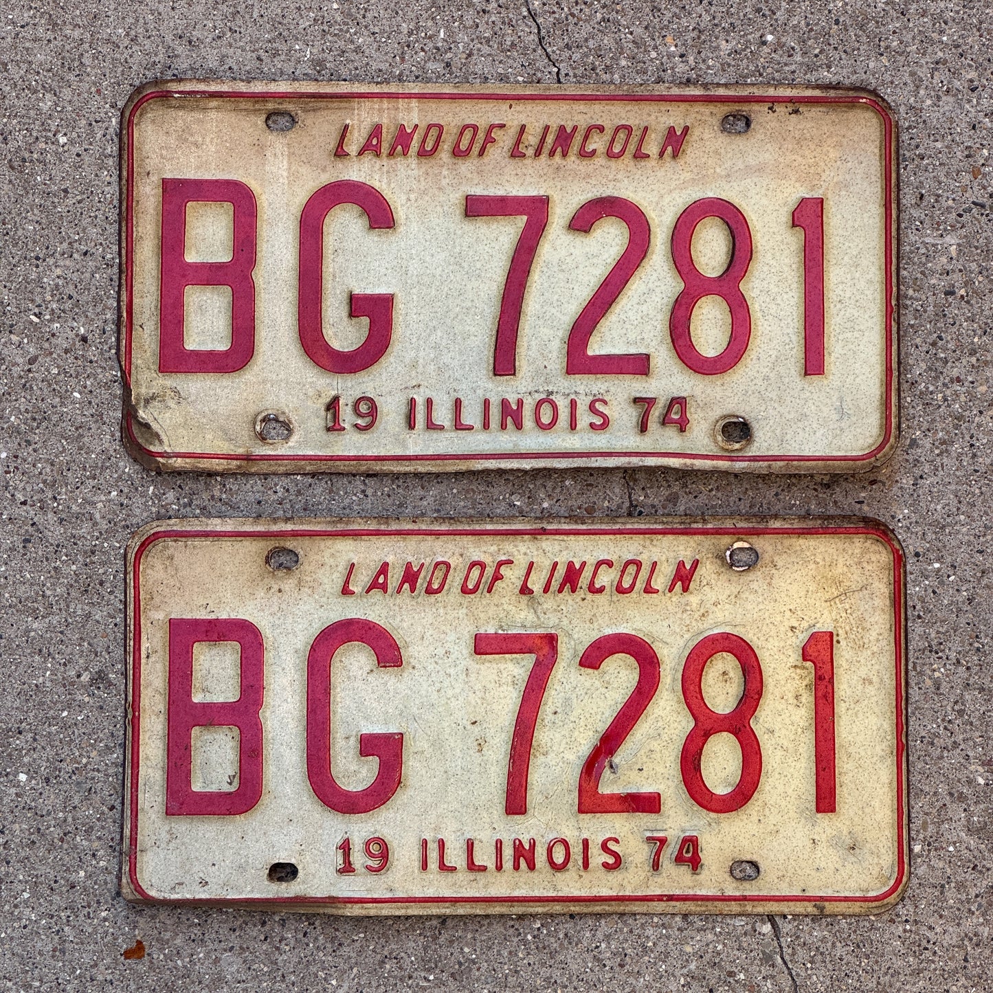 Photo of a 1974 Illinois License Plate Pair Auto Tag Garage Decor Vintage BG 7281 with original patina