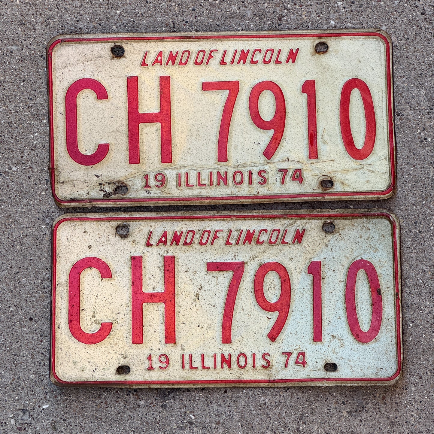 Photo of a 1974 Illinois License Plate Pair Auto Tag Garage Decor Vintage CH 7910 with original patina