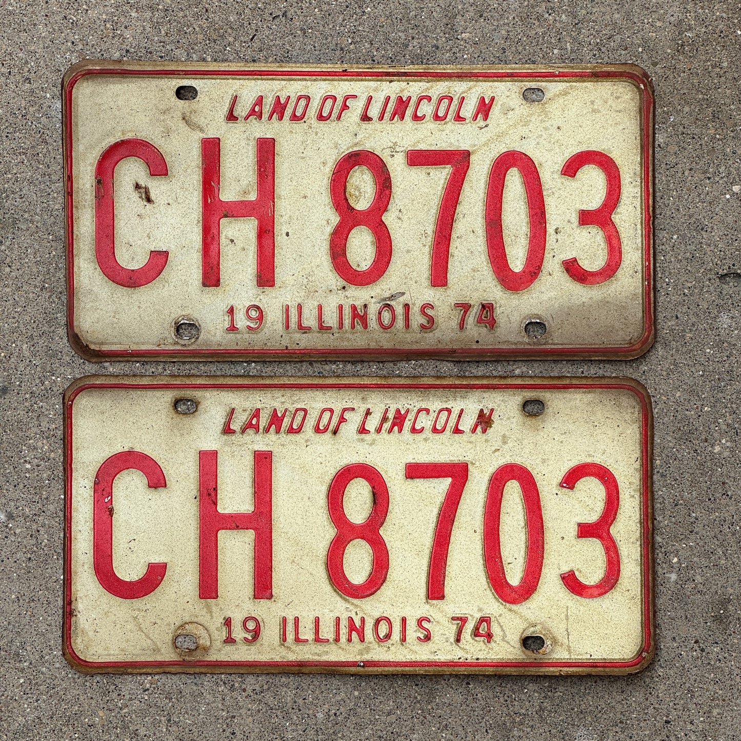 Photo of a 1974 Illinois License Plate Pair Auto Tag Garage Decor Vintage CH 8703 with original patina