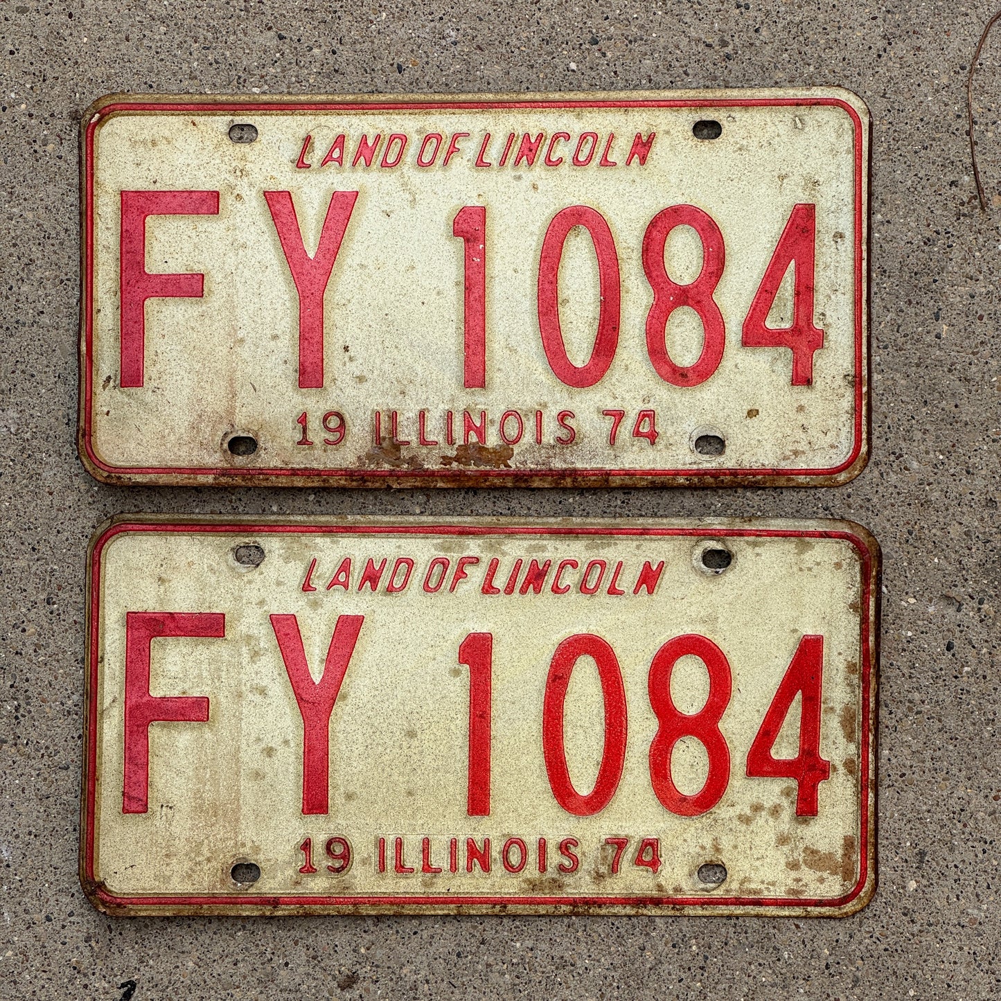 Photo of a 1974 Illinois License Plate Pair Auto Tag Garage Decor Vintage FY 1084 with original patina