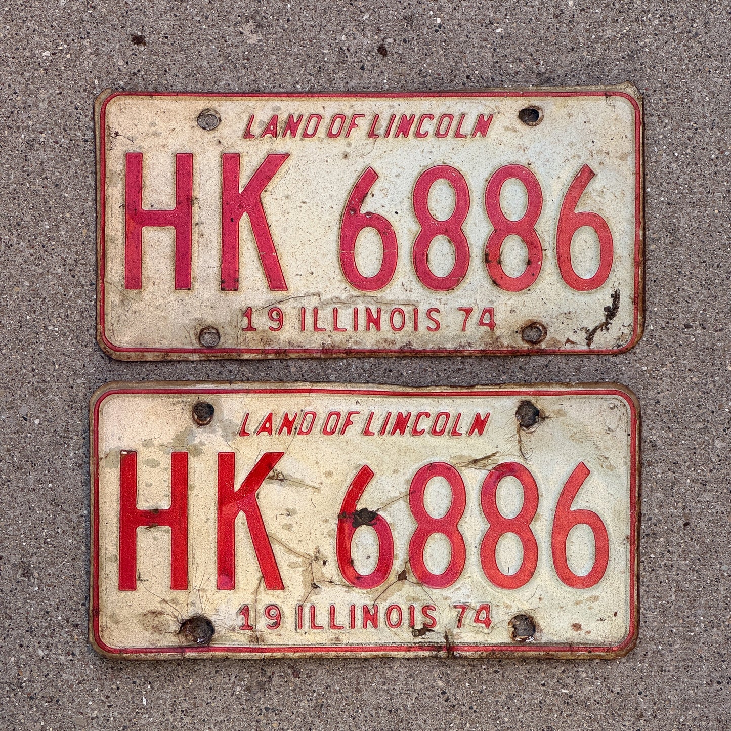 Photo of a 1974 Illinois License Plate Pair Auto Tag Garage Decor Vintage HK 6886 with original patina